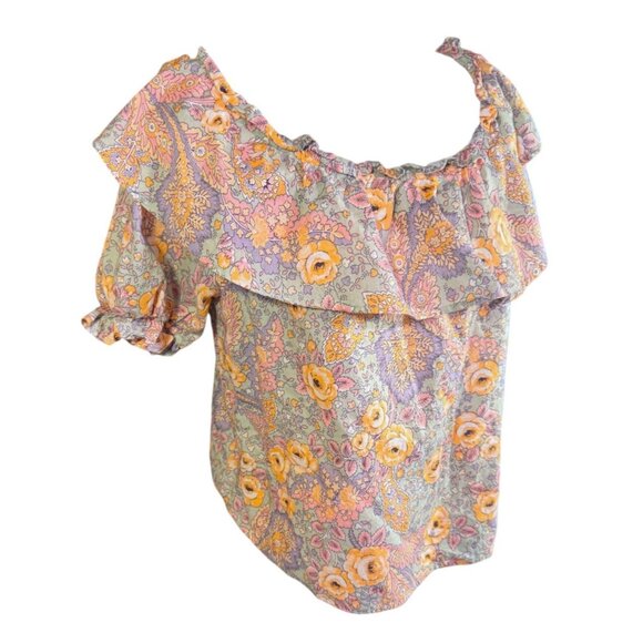 Good Luck Gem Floral Ruffled Blouse 100% Cotton Short Puff Sleeves Boho Chic - Picture 1 of 10